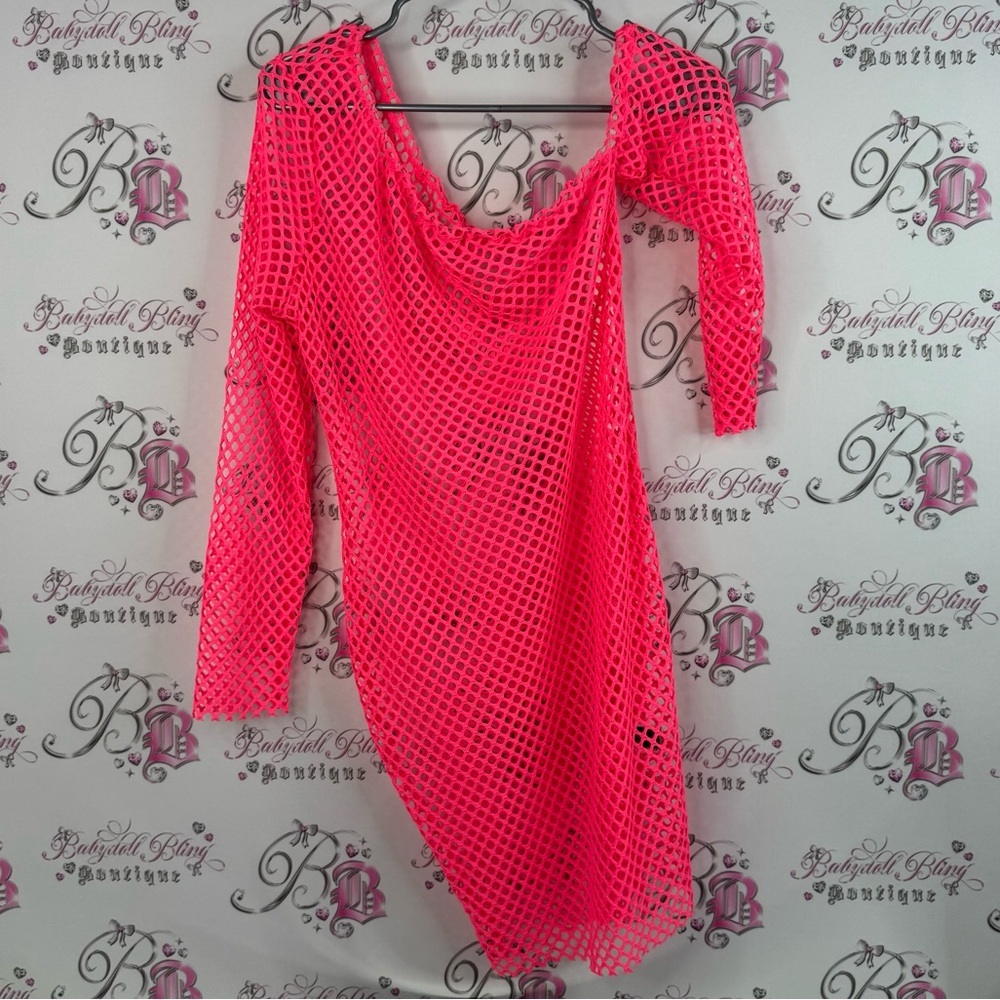 SHEIN dress coverup fishnet mesh bright Neon Pink Mesh Dress beach swim
